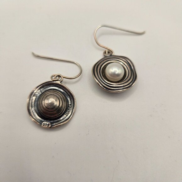 Vintage 90s 925 Sterling Silver Genuine Pearl Swirl Earrings Israel - Picture 3 of 4